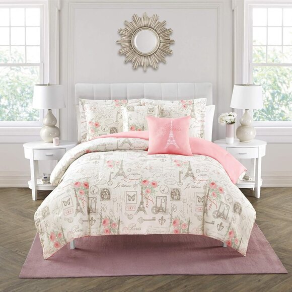 Paris Comforter Set 5-Piece White City of Romance Microfiber King Comforter Set - Picture 1 of 6